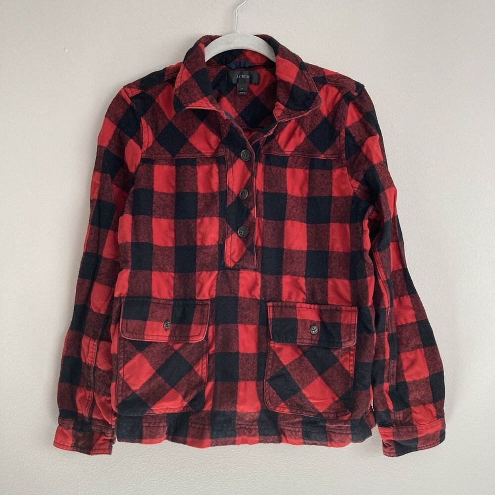 J Crew Womens Red Buffalo Plaid Flannel Shirt Size Small Wool Blend Pockets